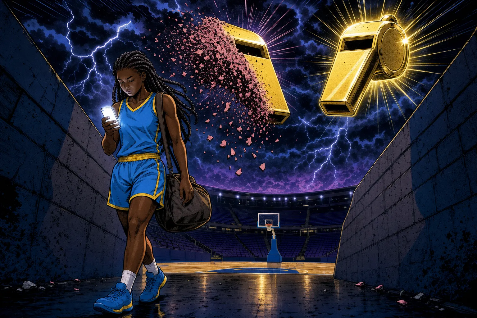 Comic book style illustration of a female basketball player with long dark braids in a plain blue and yellow kit walking down a dark arena tunnel holding a glowing phone, two giant whistle symbols hanging in the sky above the court behind her, one half erased and one burning bright, halftone dots and bold ink outlines