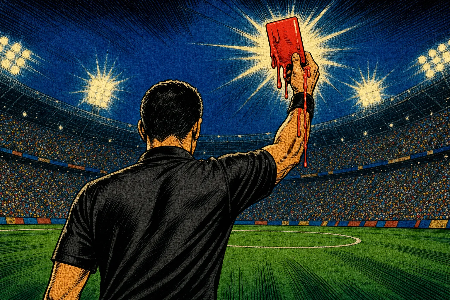 Comic book style illustration of a referee seen from behind in a plain black kit, arm raised toward blazing floodlights in a packed stadium, holding up a red card that is melting and dripping like wax down his hand and wrist