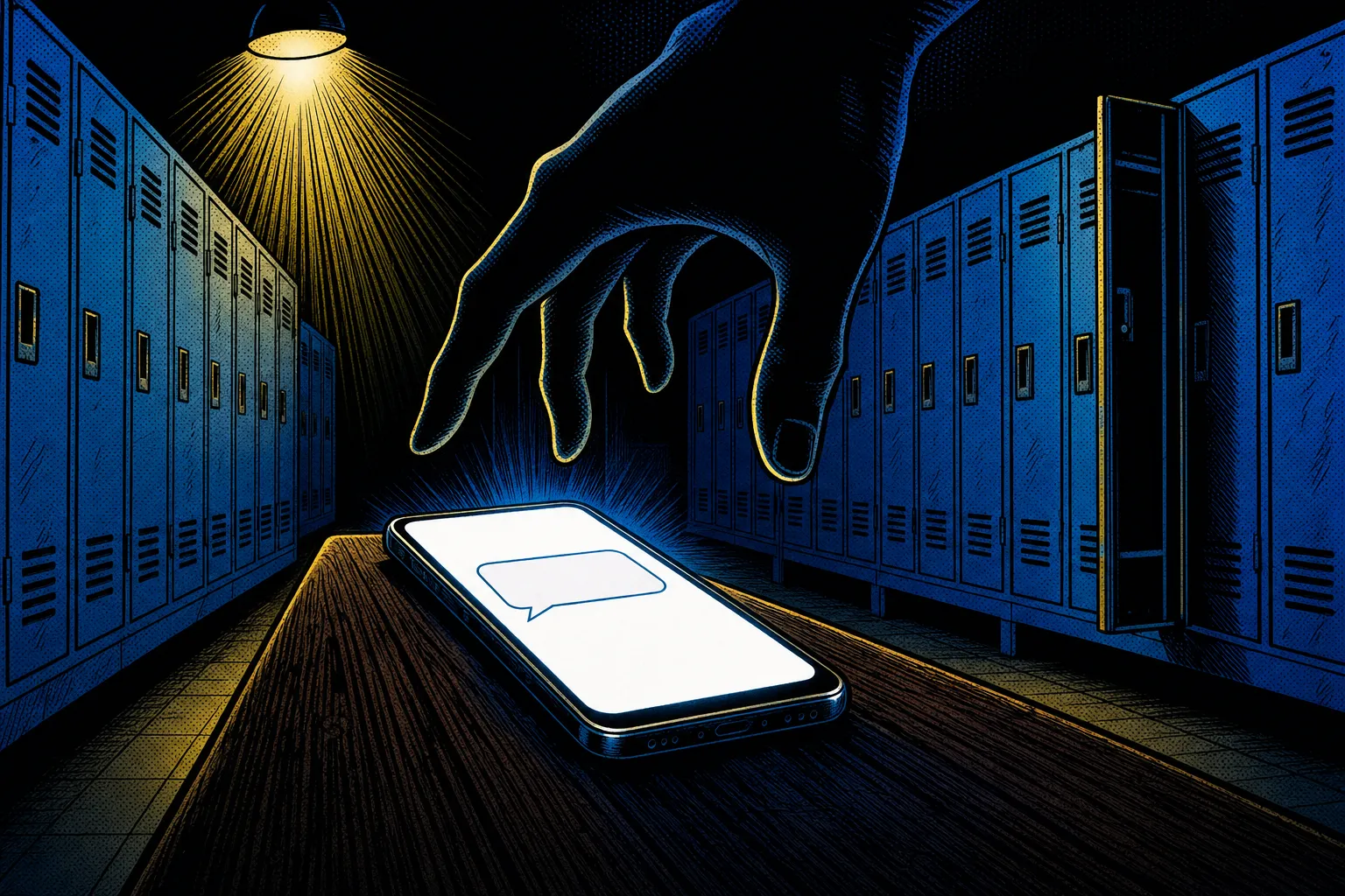 Comic book style illustration of a smartphone lying face up on a dark wooden bench in an empty locker room, its screen glowing white with a single blank message bubble, a large shadowy hand reaching down toward it from above, rows of blue lockers on both sides and one overhead lamp casting hard rays