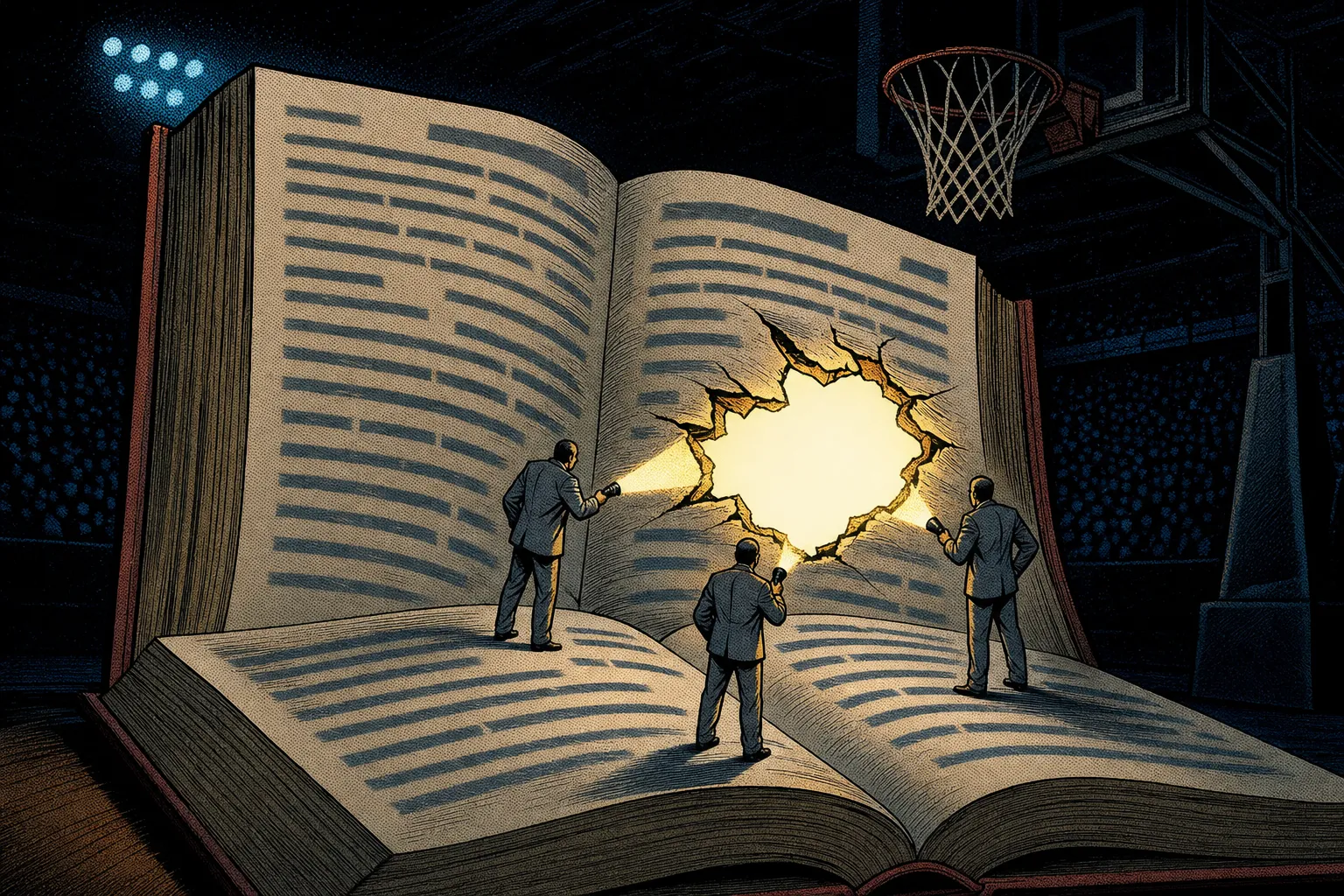 Comic-style illustration of three officials with flashlights examining a glowing hole torn through the page of a giant rulebook in a dark basketball arena